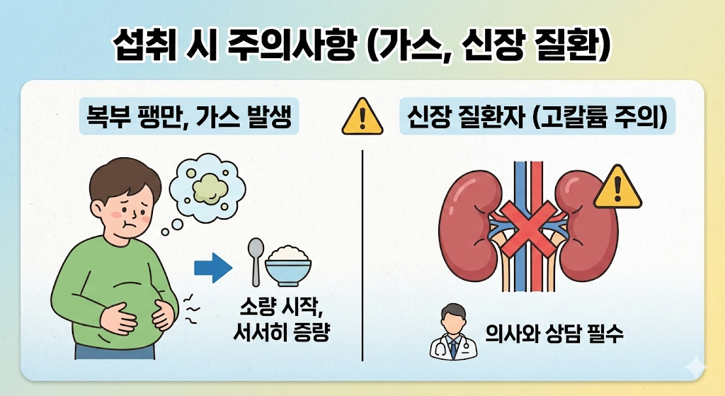 섭취 시 주의사항 (가스, 신장 질환)