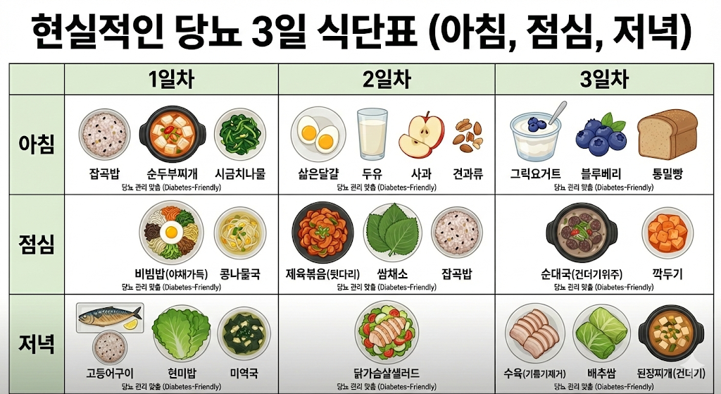 아침, 점심, 저녁 현실적인 3일 식단 예시