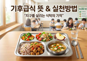 기후급식 뜻과 실천방법을 보여주는 친환경 채소 위주의 학교 급식 식판 모습