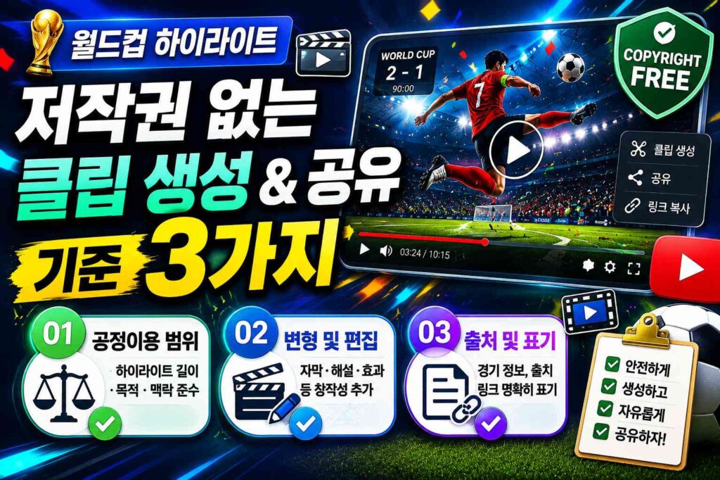 월드컵 하이라이트 영상 저작권 없는 클립 생성 및 공유 기준 3가지