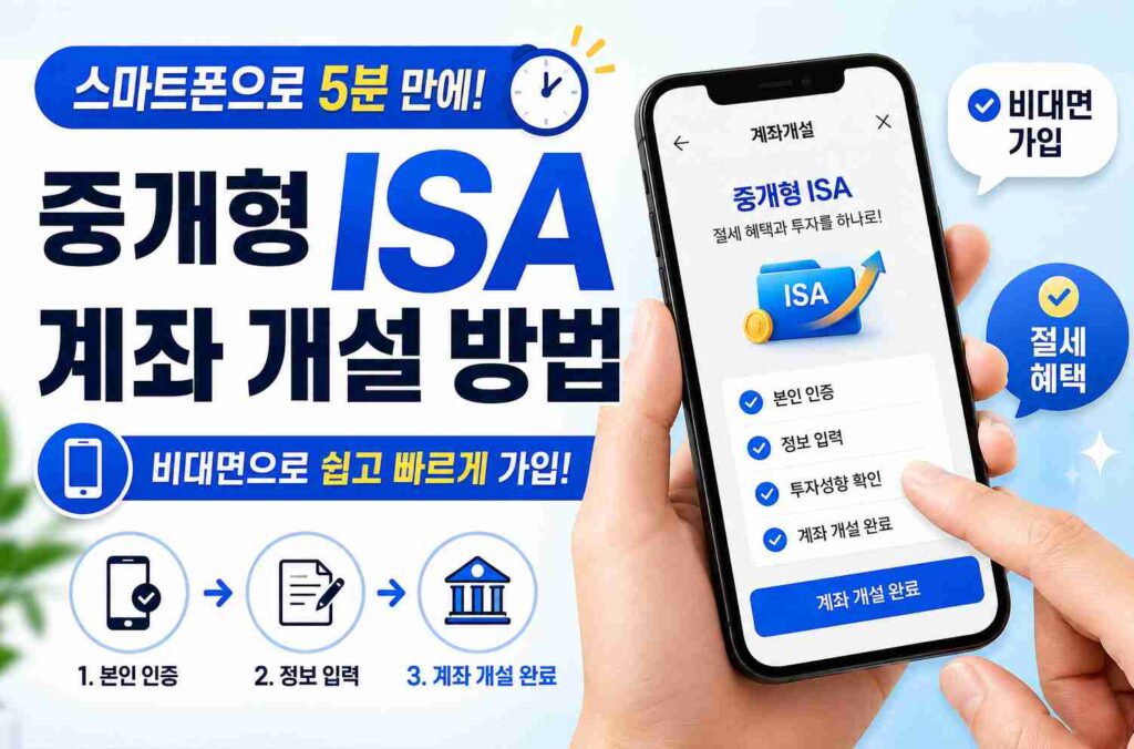 스마트폰으로 중개형 ISA 계좌 개설 방법을 확인하며 비대면으로 가입하는 모습