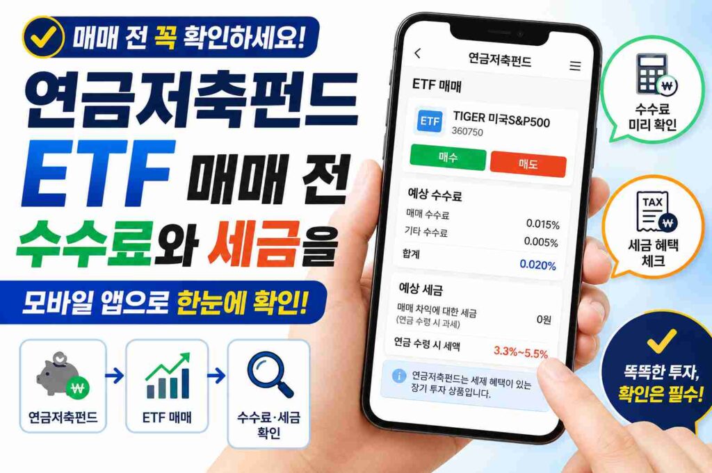 연금저축펀드 ETF 매매 전 수수료와 세금을 모바일 앱으로 확인하는 모습