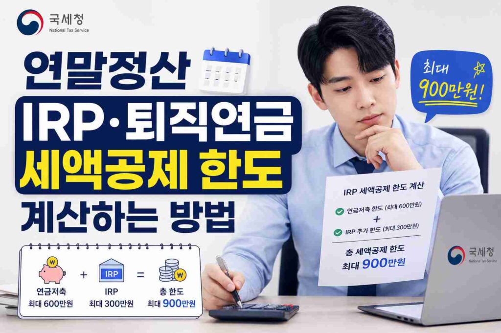 직장인이 국세청 연말정산 IRP 퇴직연금 세액공제 한도를 계산하는 모습
