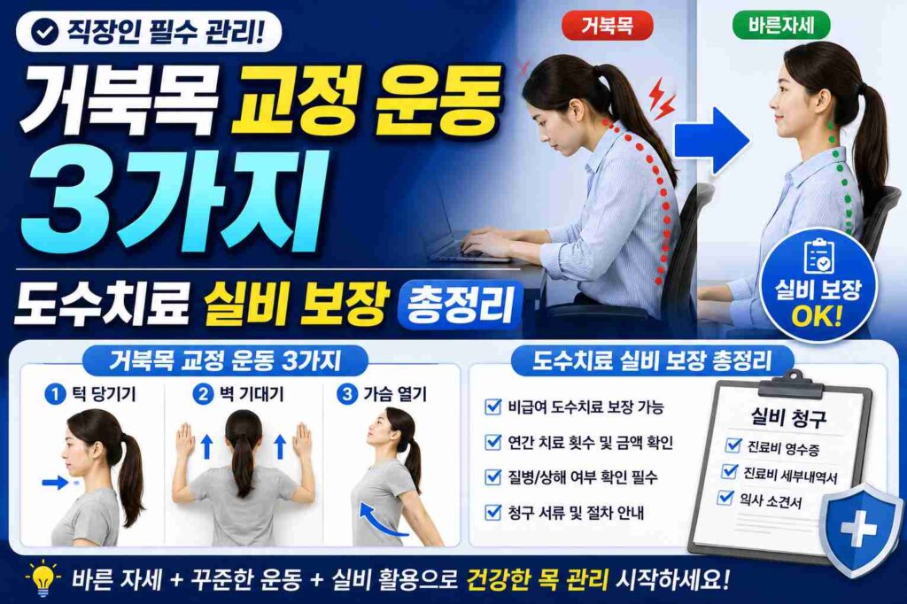 직장인 거북목 교정 운동 3가지 및 도수치료 실비 보장 총정리