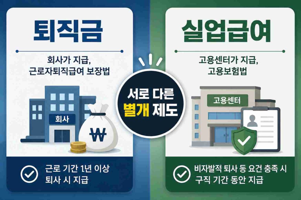 퇴직금과 실업급여가 지급 주체와 근거 법률이 다른 별개 제도임을 보여주는 비교 이미지