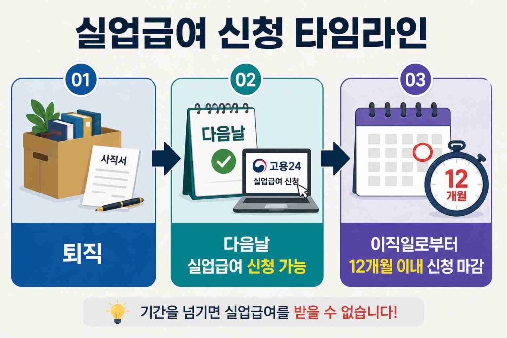 퇴직 다음날부터 12개월 이내라는 실업급여 신청 가능 기간을 보여주는 타임라인 이미지