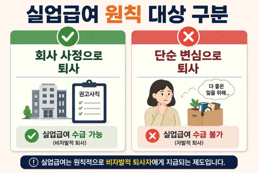 회사 사정으로 인한 퇴사와 단순 변심 퇴사의 실업급여 대상 여부 차이를 보여주는 비교 이미지