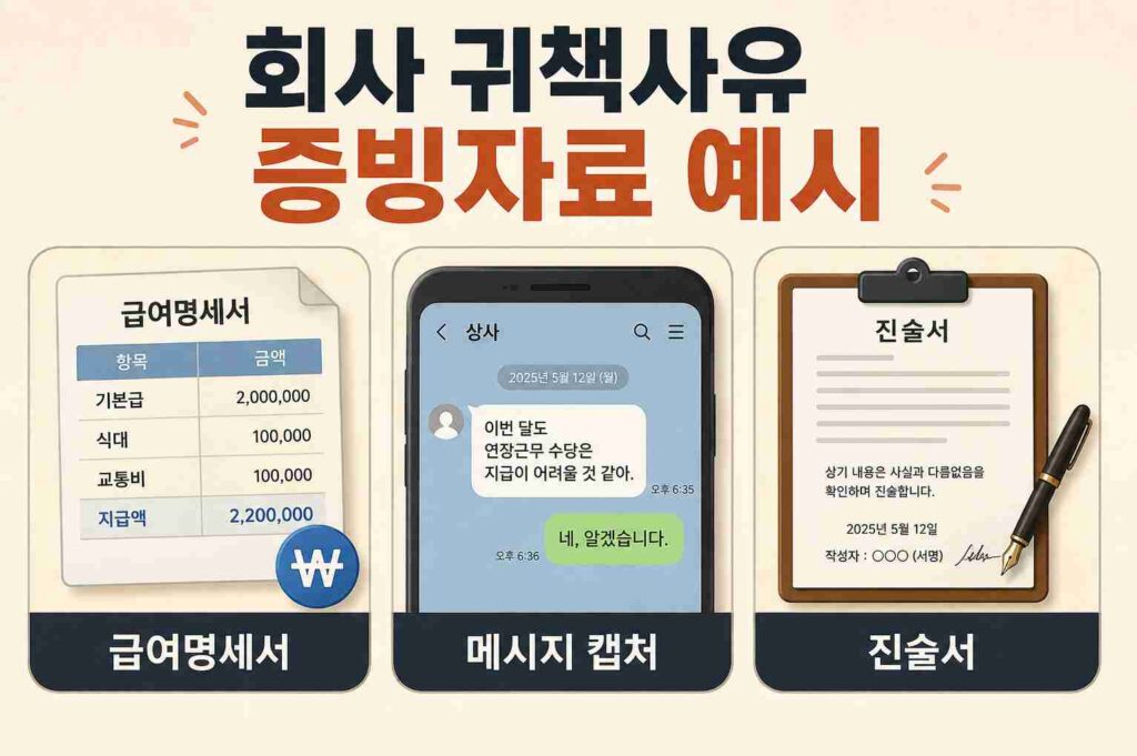 직장 내 괴롭힘과 임금체불을 소명할 때 필요한 증빙자료 예시를 보여주는 이미지