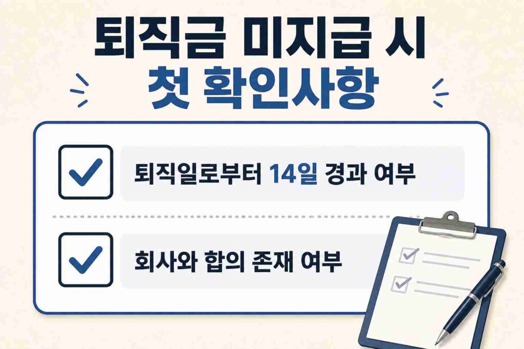 퇴직금 미지급 시 가장 먼저 확인해야 할 지급기한 경과와 합의 여부를 정리한 체크리스트 이미지