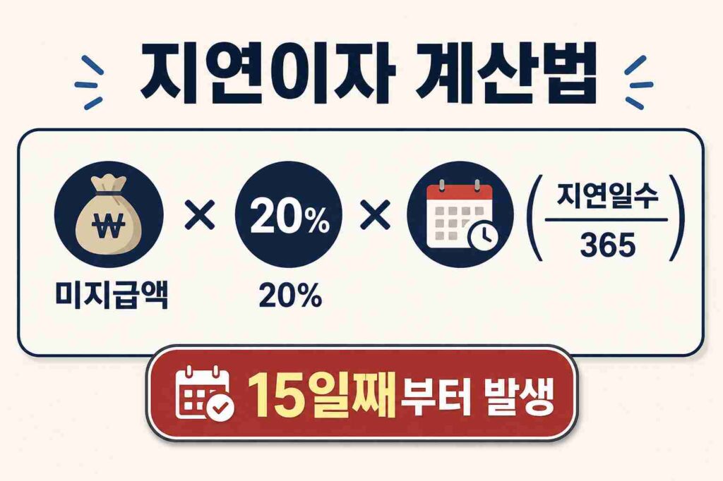 퇴직금 지연이자를 미지급액과 지연일수로 계산하는 방법을 보여주는 계산식 이미지