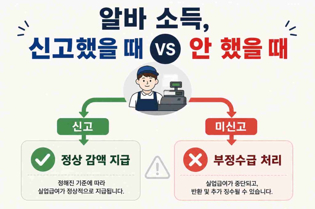 실업급여 수급 중 알바 소득을 신고했을 때와 신고하지 않았을 때의 차이를 보여주는 이미지