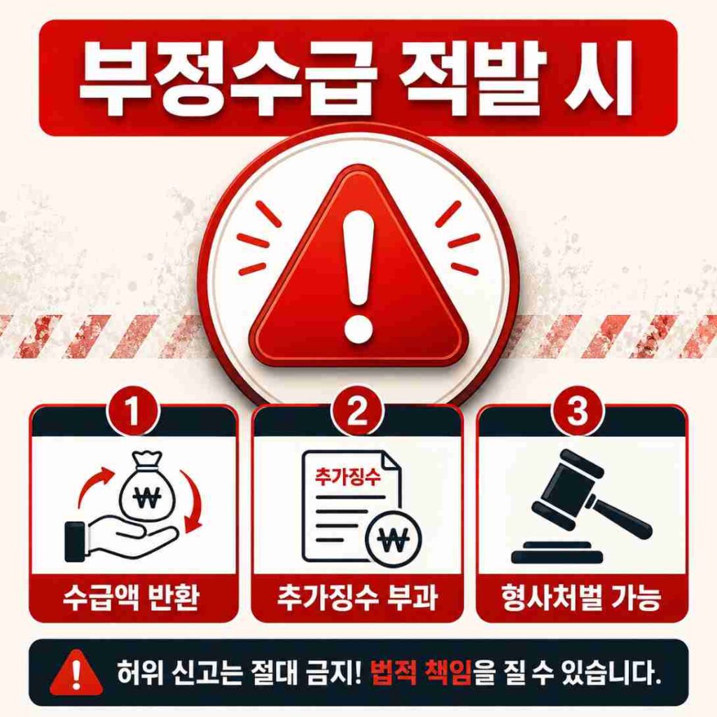 실업급여 부정수급 적발 시 반환, 추가징수, 형사처벌로 이어지는 불이익을 보여주는 경고 이미지