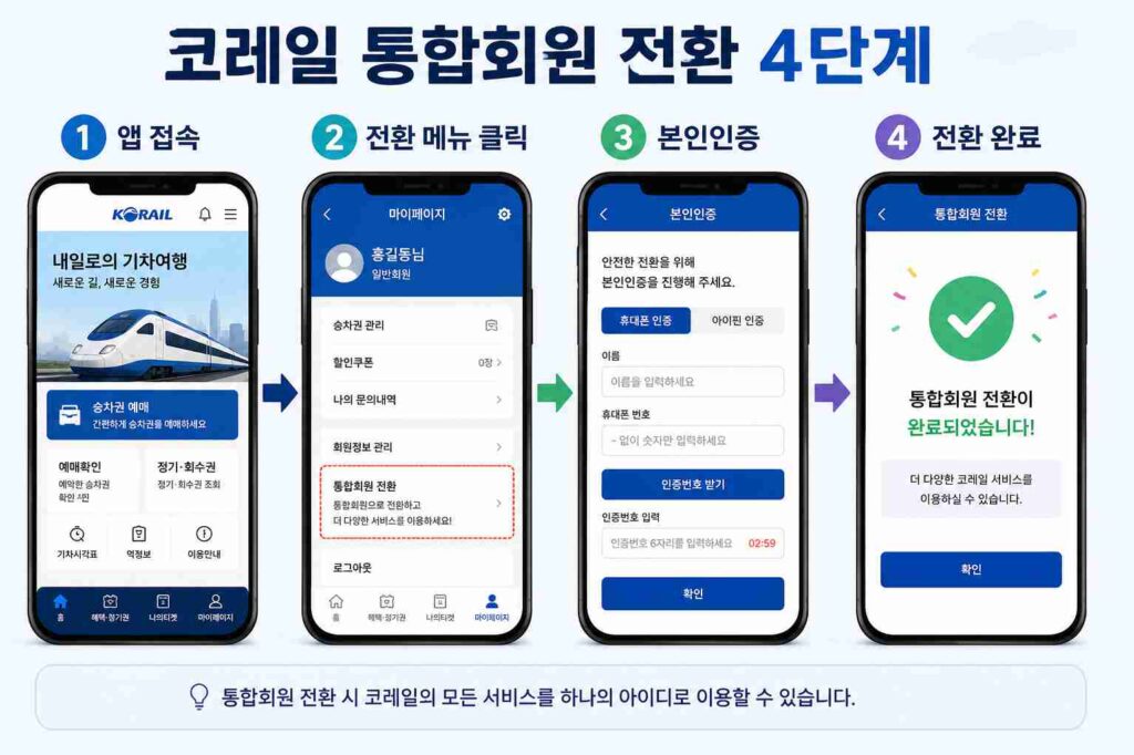 코레일·SR 통합회원 전환 절차 4단계를 화면 순서로 보여주는 안내 이미지