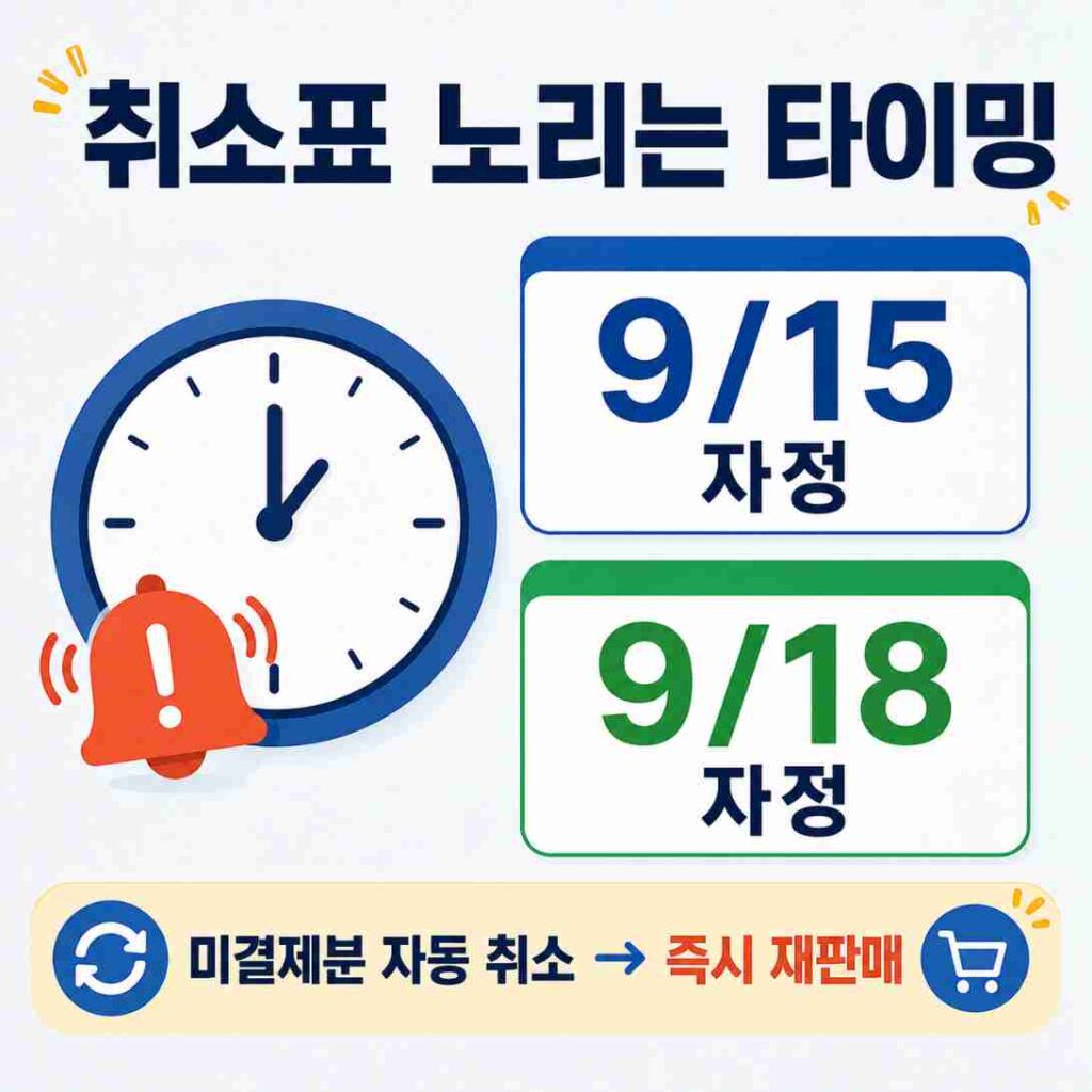 결제기한 종료 직후 취소표가 풀리는 시점을 안내하는 시계 인포그래픽