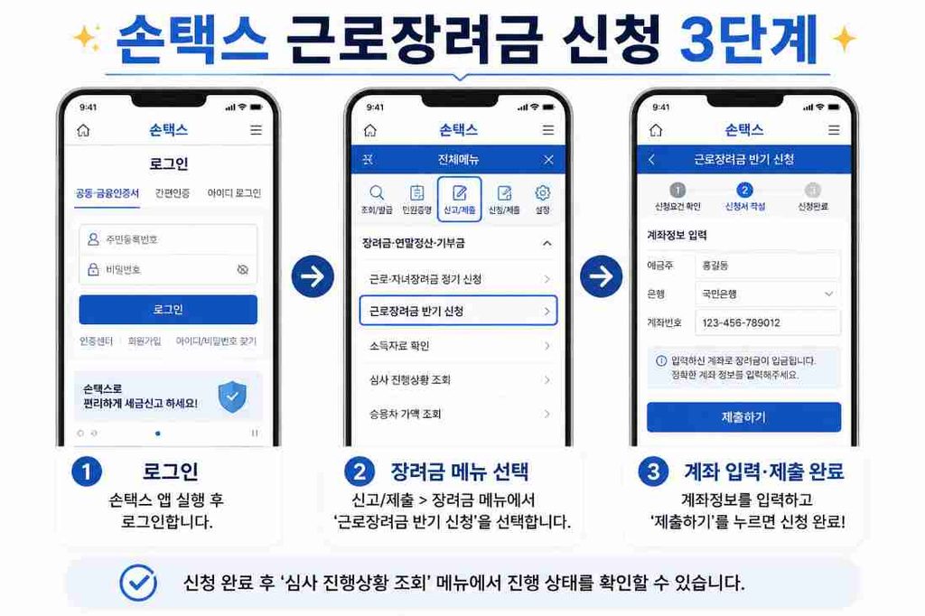 손택스 앱으로 근로장려금을 신청하는 로그인부터 제출까지 3단계 화면 안내 이미지