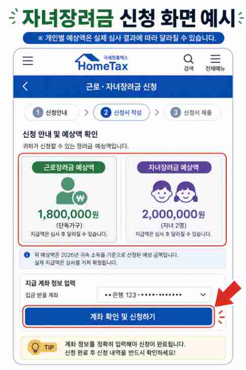 홈택스 정기신청 화면에서 근로장려금과 자녀장려금 예상액을 함께 확인하는 안내 이미지