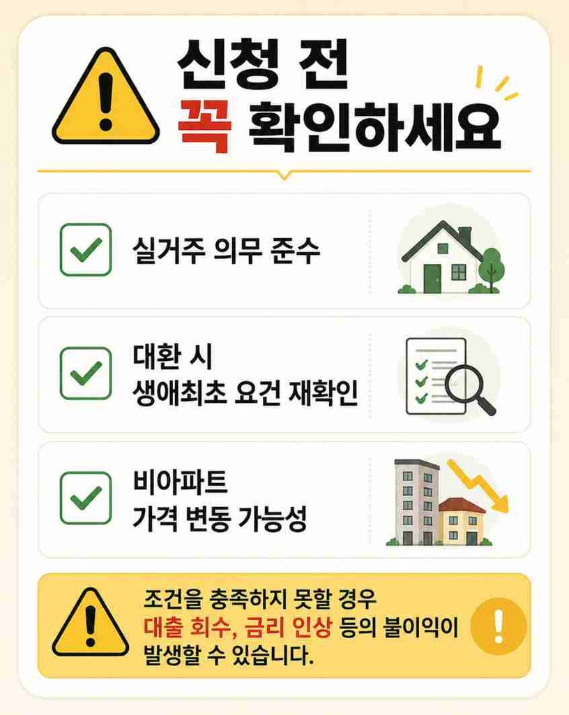 청년미래보금자리론 신청 전 실거주 의무와 대환 관련 유의사항을 정리한 체크리스트 이미지