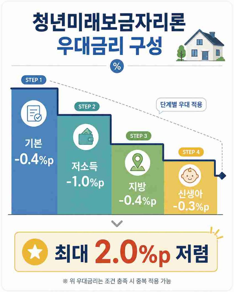 청년미래보금자리론 우대금리가 조건별로 최대 2.0%p까지 낮아지는 구조를 보여주는 그래프