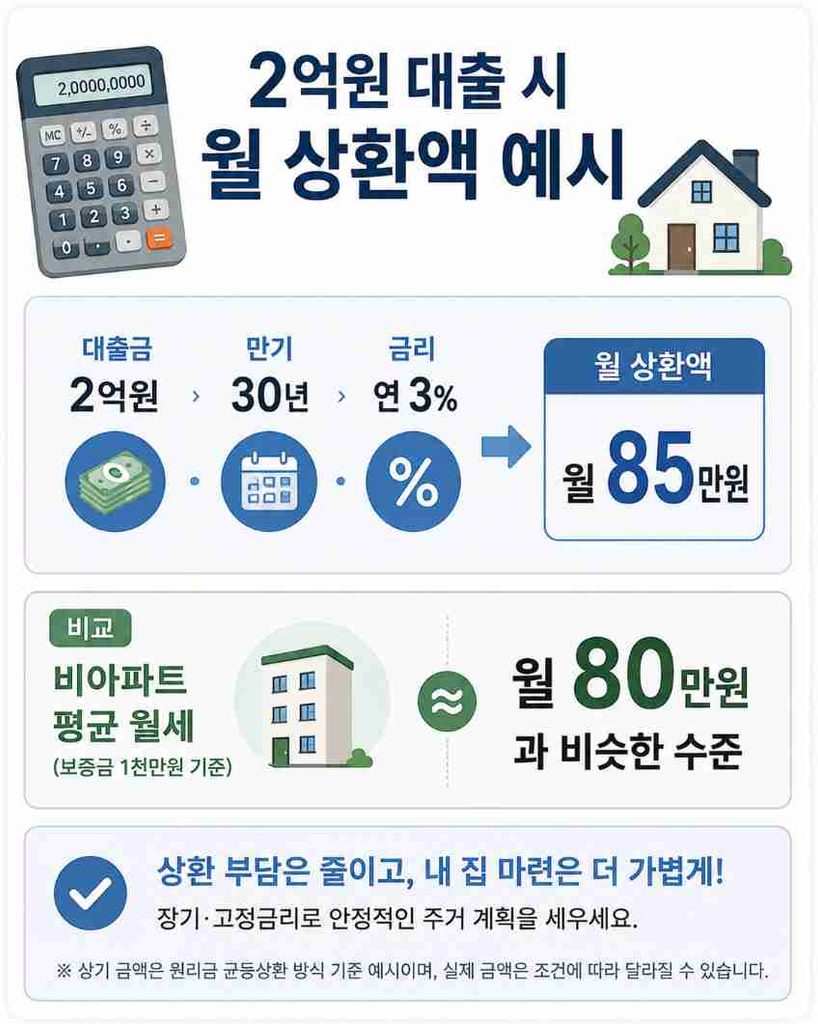 청년미래보금자리론 2억원 대출 시 월 원리금 상환액을 계산한 예시 이미지