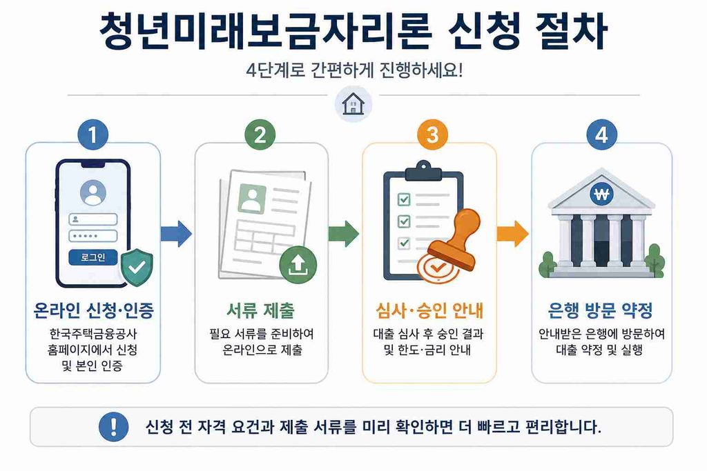 청년미래보금자리론 예상 신청 절차 4단계를 온라인 신청부터 대출 실행까지 보여주는 다이어그램