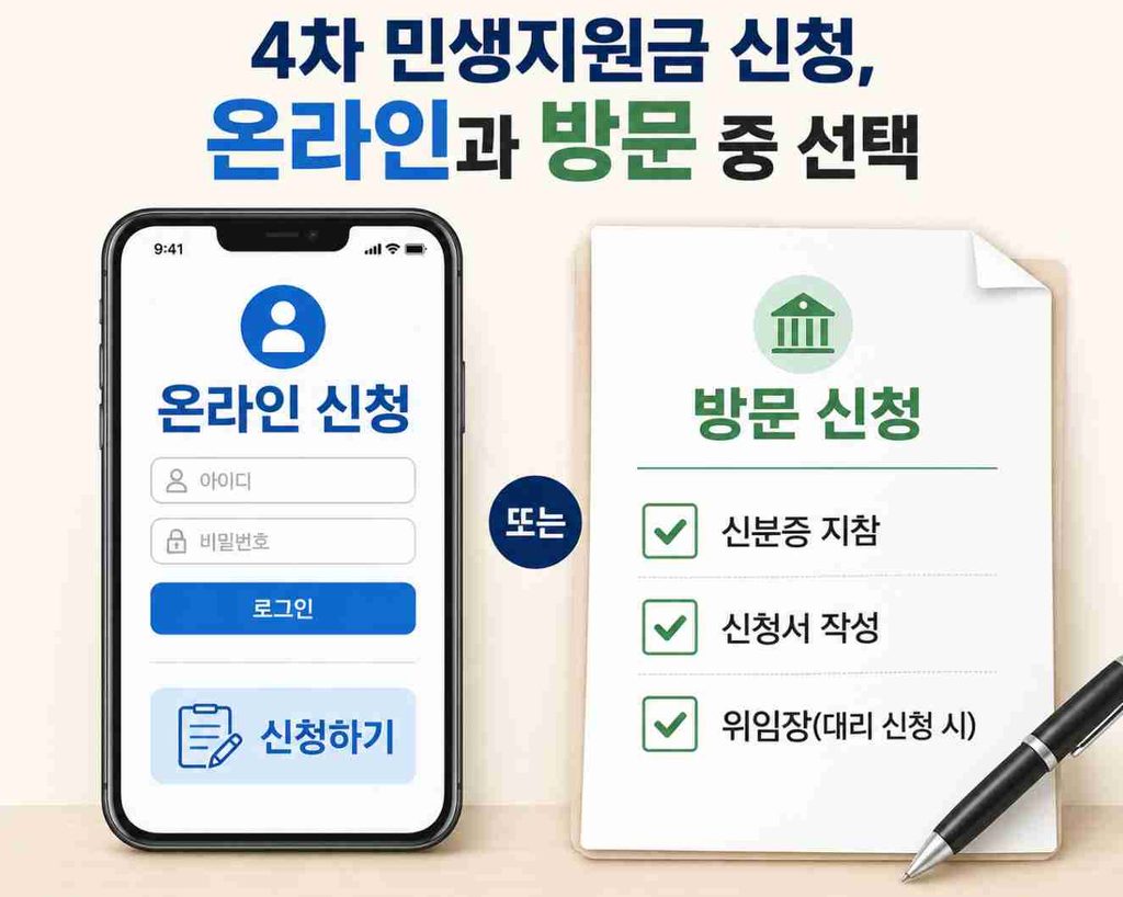 4차 민생지원금 온라인 신청과 방문 신청 방법을 비교해 보여주는 안내 이미지