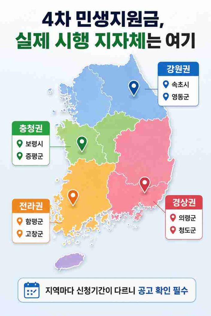 강원·충청·전라·경상 권역별로 4차 민생지원금을 시행 중인 지자체를 표시한 지도 이미지