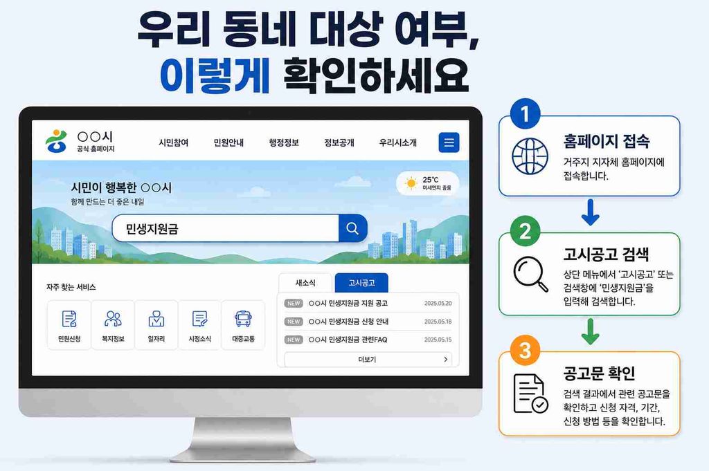 지자체 홈페이지 고시공고에서 4차 민생지원금 대상 여부를 확인하는 3단계를 보여주는 이미지