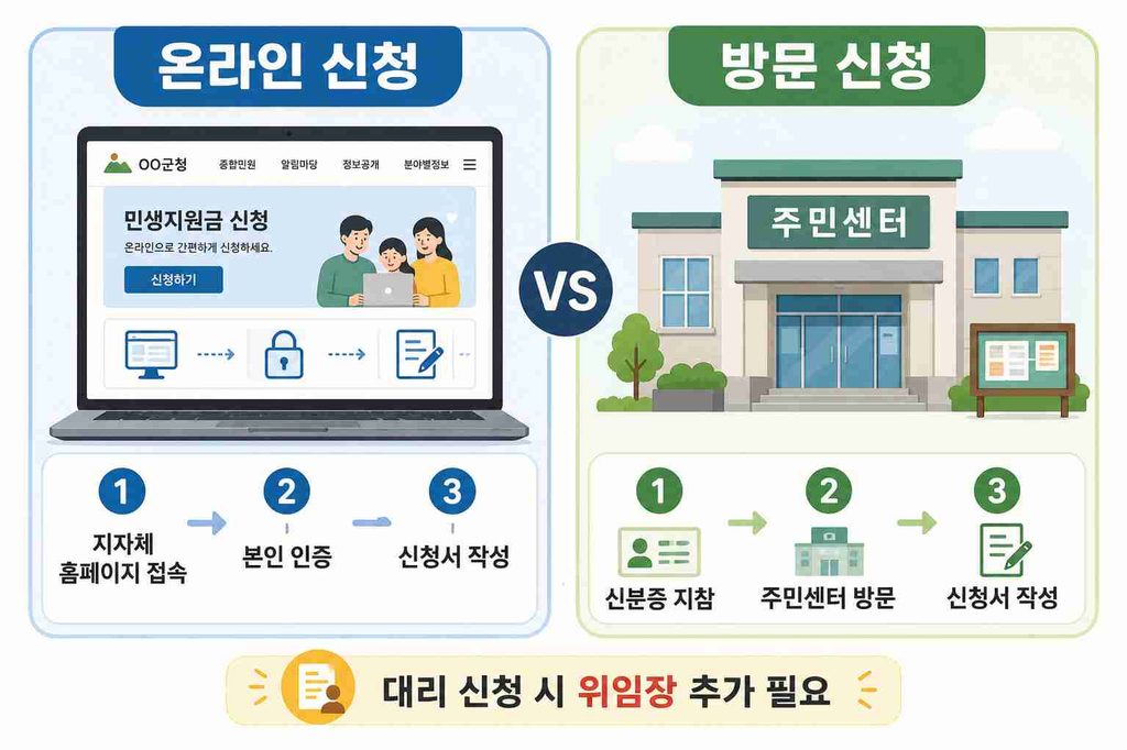 4차 민생지원금 온라인 신청과 방문 신청의 단계를 나란히 비교한 이미지