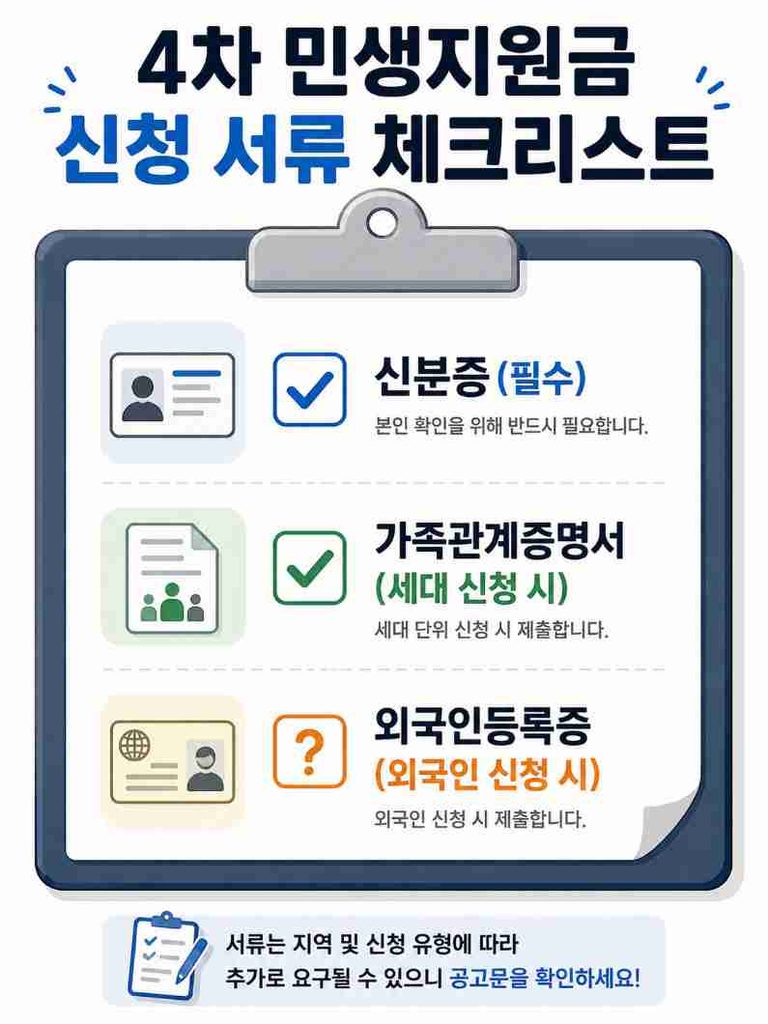4차 민생지원금 신청 시 필요한 서류를 체크리스트로 정리한 이미지