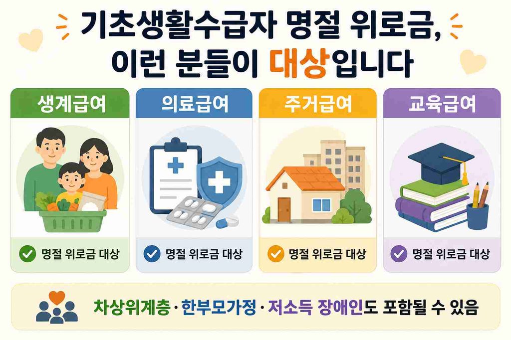 기초생활수급자 명절 위로금 대상이 되는 4가지 급여 유형을 보여주는 이미지