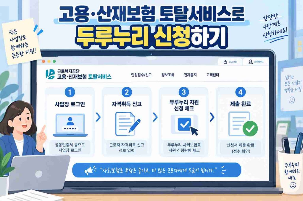 고용·산재보험 토탈서비스에서 자격취득 신고와 함께 두루누리 지원을 신청하는 4단계 절차 안내 이미지