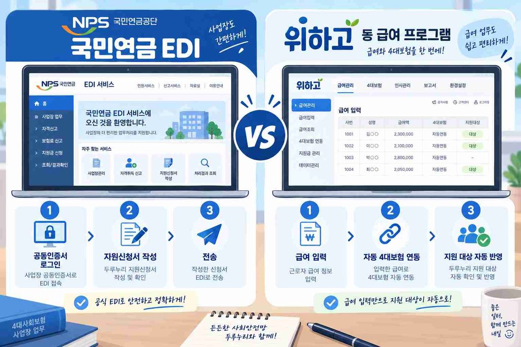 국민연금 EDI 직접 신청과 위하고 급여 프로그램 자동 연동을 비교한 두루누리 지원금 신청 안내 이미지